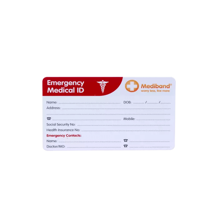 emergency wallet card, emergency medical id, mediband, medical id, health id, wallet card, wallet id, emergency